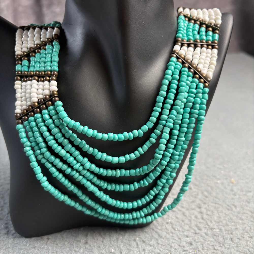 Turquoise White Multi Strand Seed Bead Bib Statement Necklace Antique Brass Tone
